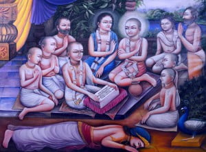 Sri Caitanya hearing the Bhagavat from Gadadhara Pandit